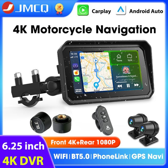 JMCQ Motorrad GPS Navigation mit 6,25 Zoll Display, Drahtlose CarPlay und Android Auto, IPX7 Wasserdicht, Dual Bluetooth, 4K Dash Cam und TPMS, Schwarz - Bild 1