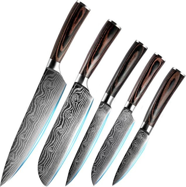 IKKNIFE Damaskus-Küchenmesser Set mit 5 Stück und Holzgriff in Braun und Multicolour - Bild 1