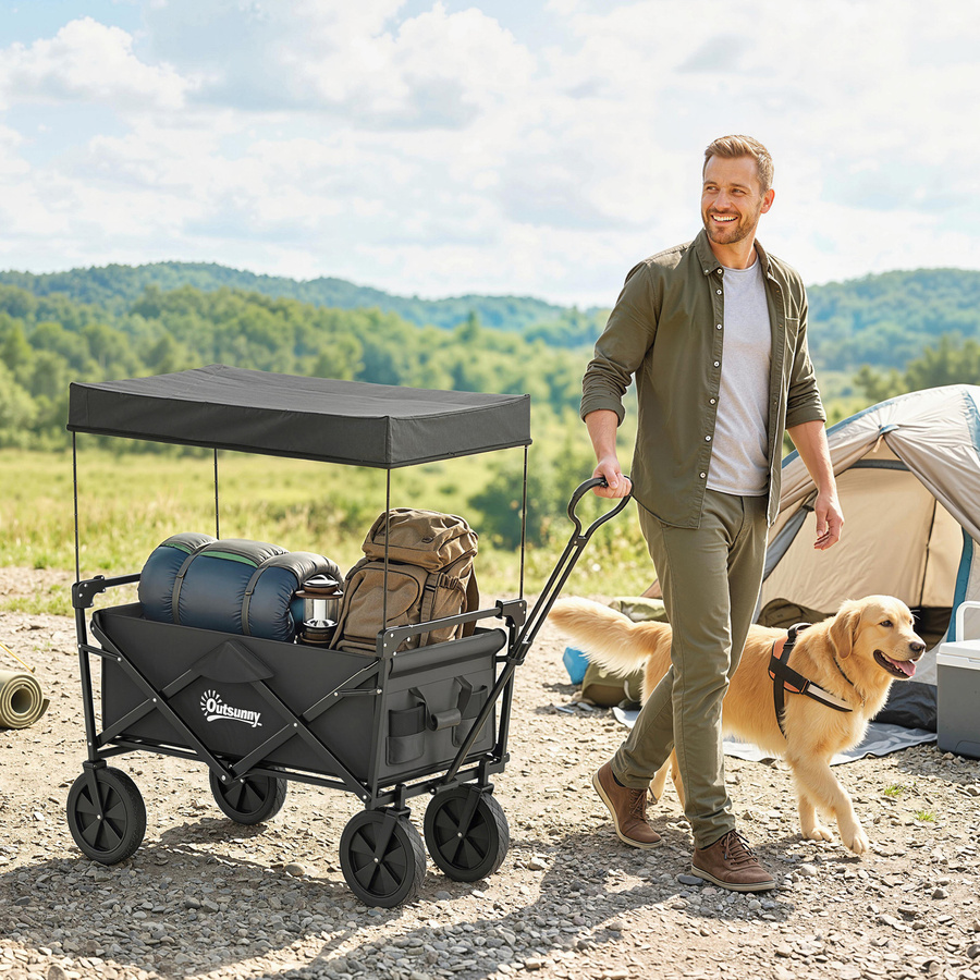 Outsunny faltbarer Bollerwagen mit Sonnendach und Tragetasche, Transportwagen aus Metall in Schwarz, belastbar bis 110 kg - Bild 2