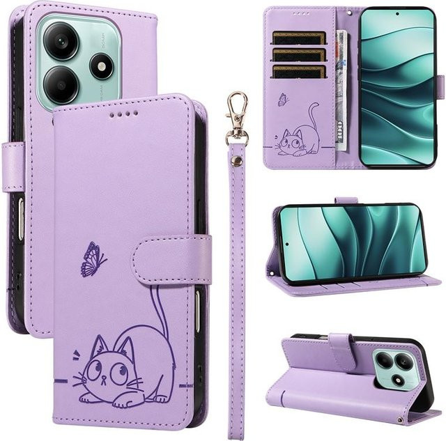 Magnetische Leder-Brieftasche Flip Cover Hülle für Xiaomi Redmi Note 8 8T 9 10 11 12 13 14 Pro 4G 5G mit geprägtem Katze & Schmetterling Design in Violett - Bild 1