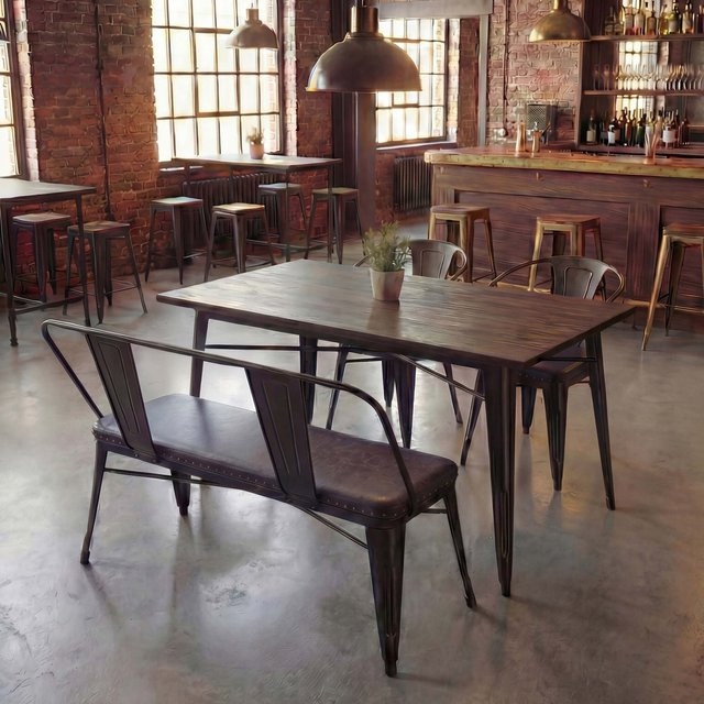 MCW Esszimmer-Set H10 in Industrial-Design mit Ulmenholz und Kunstleder, Braun, 4-teilig bestehend aus Esszimmertisch, 2 Esszimmerstühlen und einer Sitzbank - Bild 1