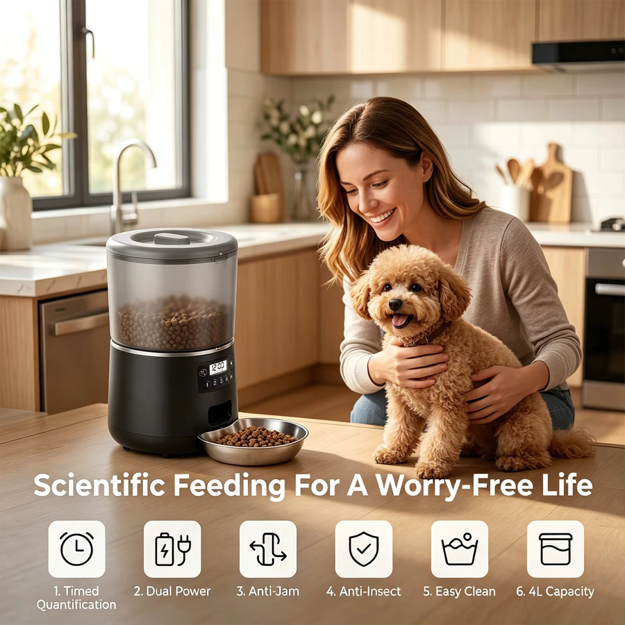 Podofo Automatischer Intelligenter Futterautomat für Haustiere in Schwarz mit 4L Fassungsvermögen, Zeitgesteuerter Trockenfutterspender mit Edelstahlschüssel und Dualer Stromversorgung - Bild 2
