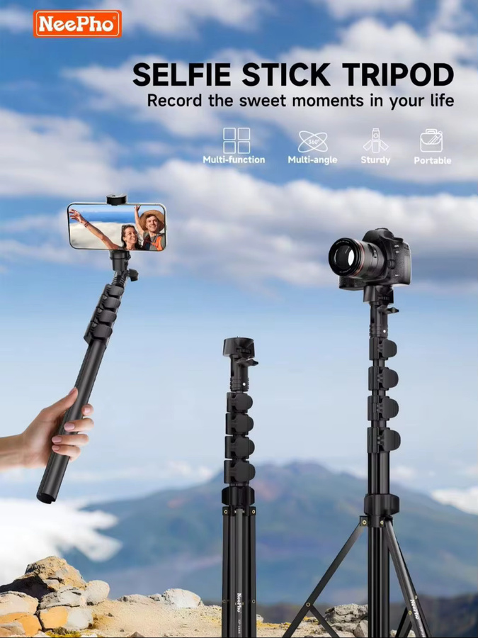 NeePho NP-2588 Multi-Winkel Aluminium-Stativ Selfie-Stick mit Cold-Shoe-Halterung in Schwarz, 180 cm Höhe, kompatibel mit Handys und Kameras - Bild 7