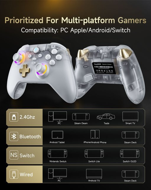 EasySMX D05 Kabelloser Controller mit Ladestation und RGB Hall-Effekt Joysticks für Nintendo Switch und PC, Farbe: Weiß - Bild 1