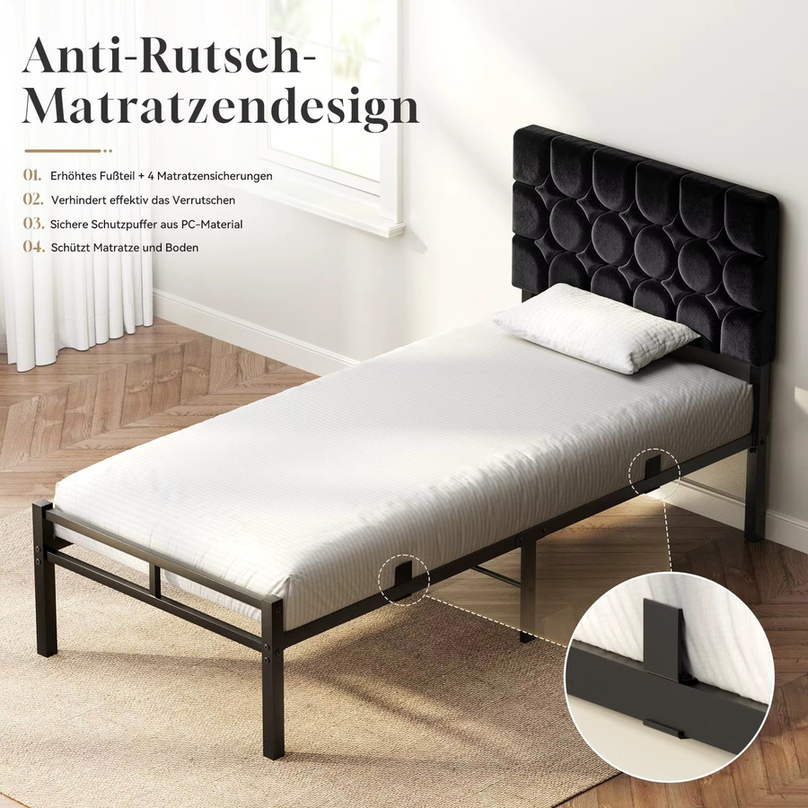 KUTAS Einzelbett aus Metall mit gepolstertem Kopfteil in Grau, Samt, B/T: 90 x 200 cm - Bild 3