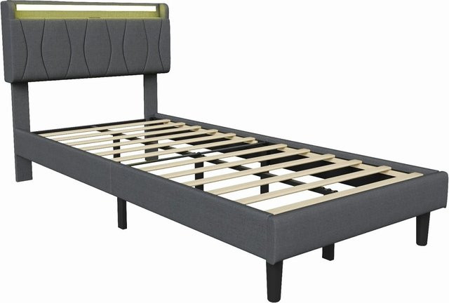 PXloue Polsterbett mit LED-Unterbettbeleuchtung und USB-Anschluss, Grau, B/T/H: 90 x 200 x 106 cm - Bild 1