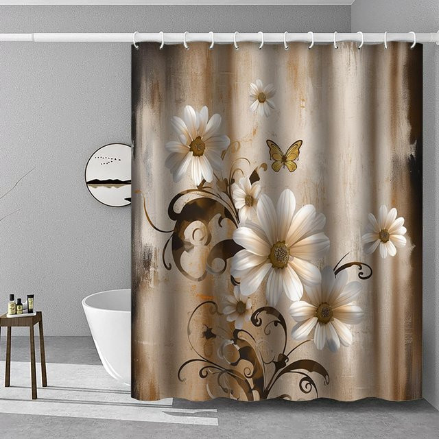 Eleganter Retro Blumen Duschvorhang aus Polyester, wasserdicht und schimmelresistent, grau, B: 90 cm, H: 180 cm - Bild 1