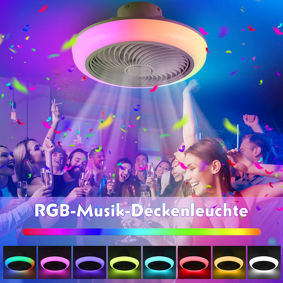 Oyajia Deckenventilator mit Bluetooth Musik, 50W RGB LED Beleuchtung, dimmbar, rund, Weiß - Bild 2