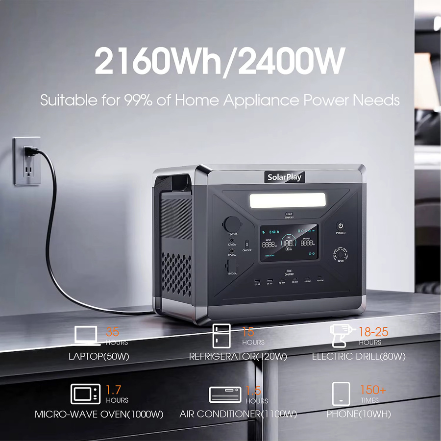 SOLARPLA Tragbares Kraftwerk mit 2400 W/2500 W Leistung und LiFePO4-Batterie inklusive 220 V und 110 V AC-Steckdosen für Notfall-Backup und Outdoor-Einsätze - Bild 1