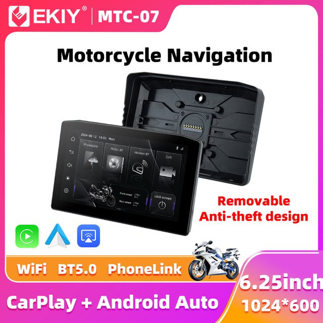 EKIY Tragbares digitales Armaturenbrett mit 6,25 Zoll Display, GPS und kabellosem CarPlay für Motorrad und Auto, Schwarz - Bild 1
