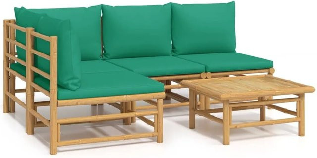 vidaXL 5-tlg Garten-Lounge-Set aus Bambus mit grünen Polsterkissen in L-Form - Bild 1