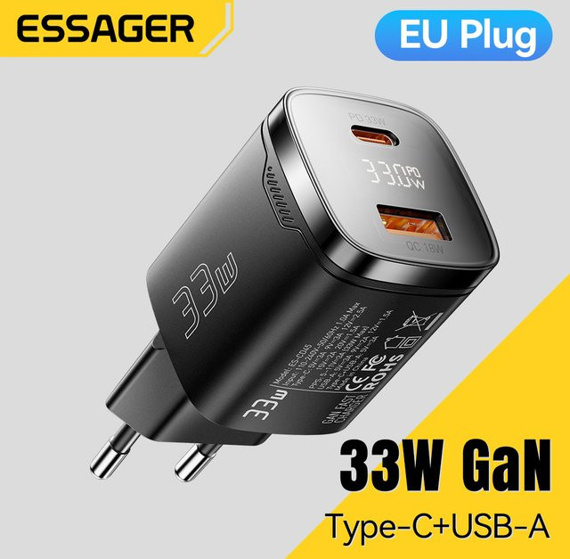 Essager 33 W GaN USB Typ C Ladegerät mit Digitalanzeige und PD Schnellladung in Schwarz - Bild 1