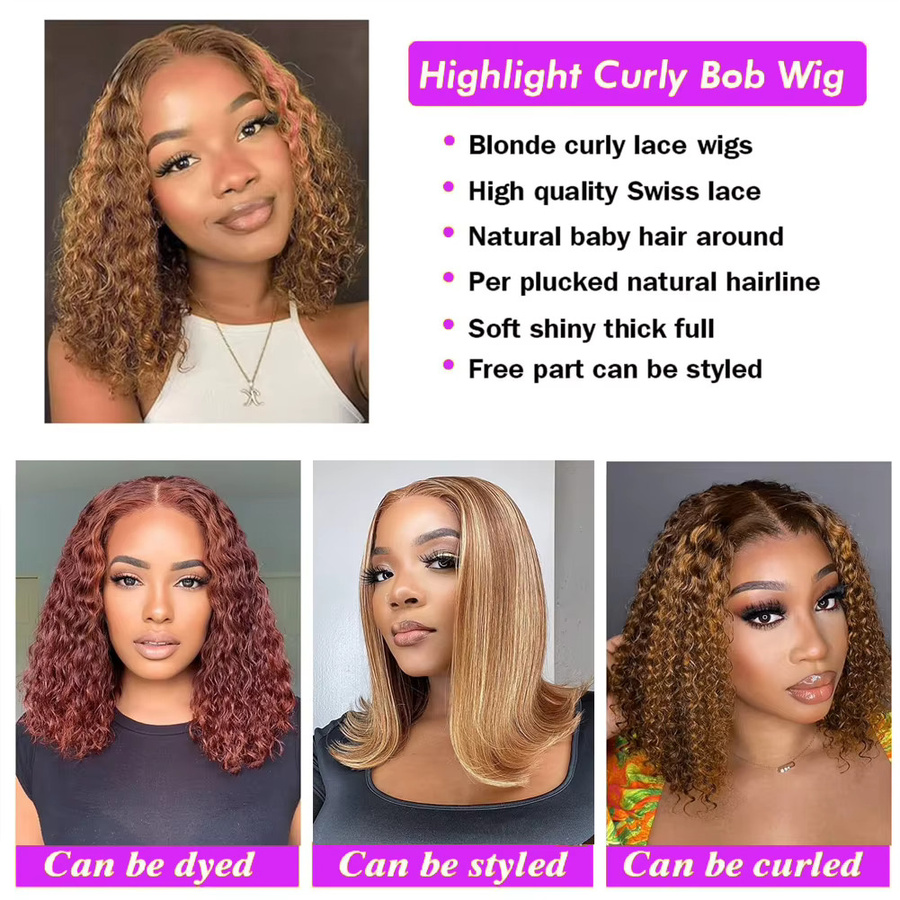 Happy Monday Lockige Bob-Perücke, Echthaar, Tiefe Welle, Lace Front - Bild 4
