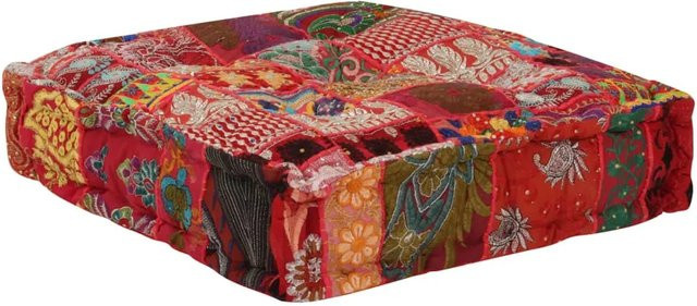 vidaXL Patchwork-Pouf aus Baumwolle in Rot und Multicolour, B/T/H: 50 x 50 x 12 cm - Bild 1