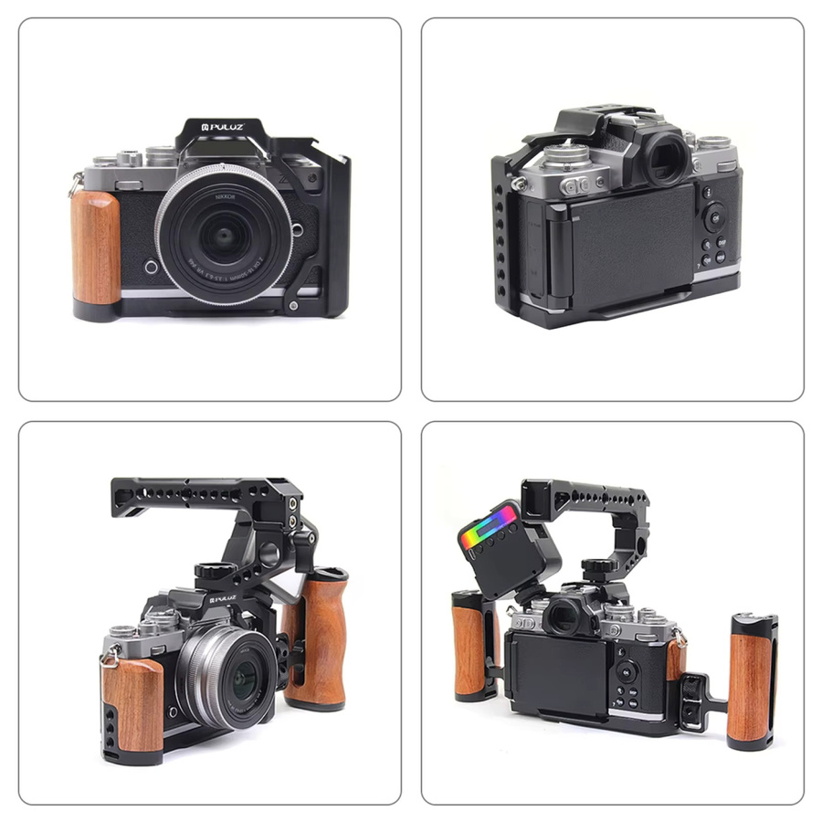 PULUZ Kamerakäfig aus Metall mit Holzgriff für Nikon ZFC in Schwarz und Braun mit 1/4 Zoll und 3/8 Zoll Schraube sowie Arri Positionellem Loch und Kaltschuh-Stabilisator-Rig - Bild 4
