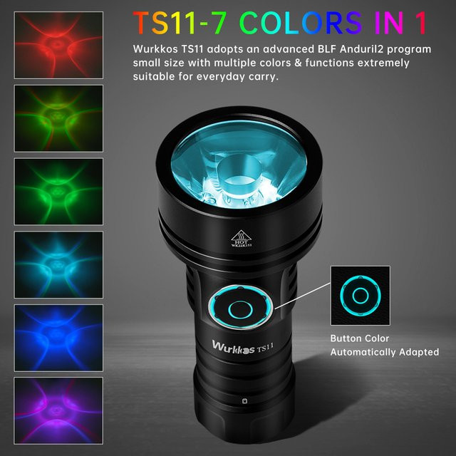 Wurkkos TS11 EDC Mini Taschenlampe in Schwarz mit 2000 lm, RGB-Hilfslicht, SFT40 LED, USB-C wiederaufladbar und IP68 Schutz - Bild 1