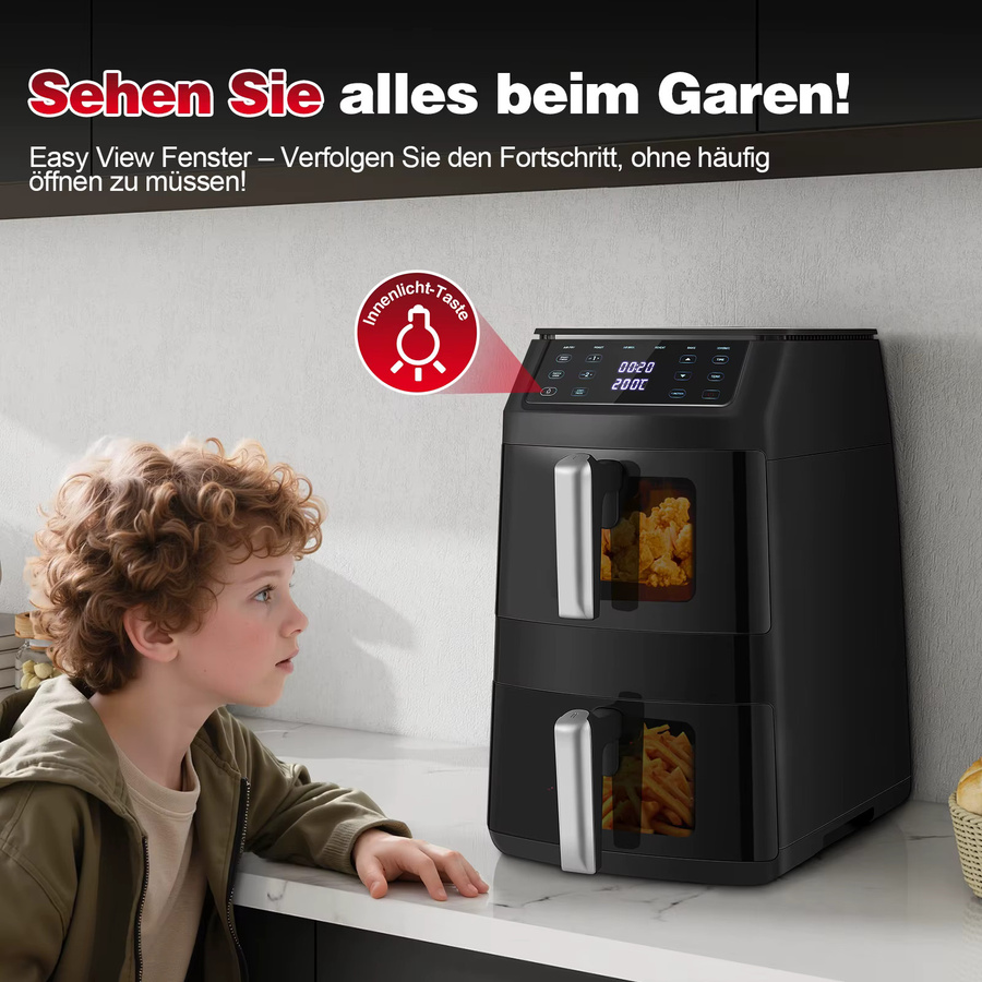 TopStrong Heißluftfritteuse mit Dual-Korb und 11 l Volumen, 2500W, 6-in-1-Funktionen, Schwarz - Bild 4