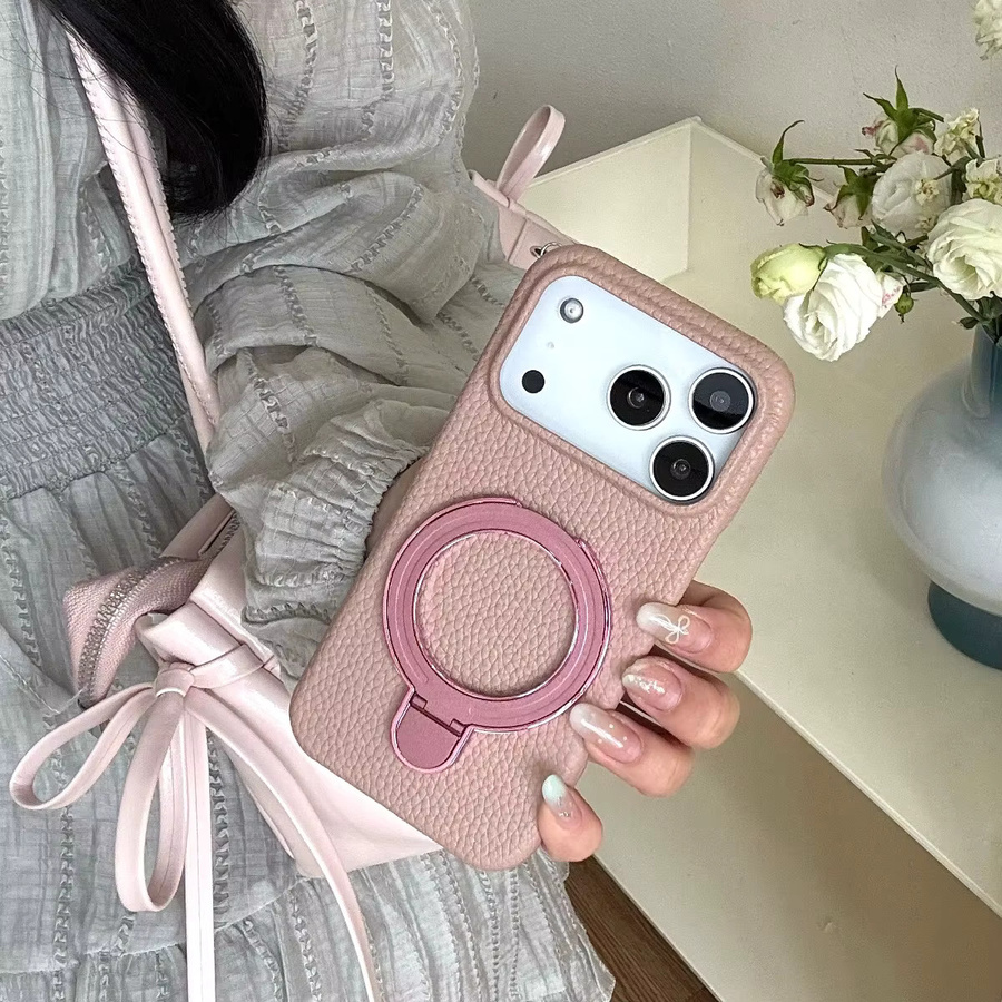 Magnetische Leder Handyhülle mit Metallringständer für iPhone 12 bis iPhone 17 Pro Max MagSafe kompatibel, Farbe: Weiß - Bild 1