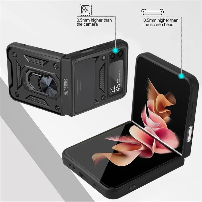 Armor Stoßfeste Hülle für Samsung Galaxy Z Flip 5 mit Magnetischem Ringhalter Ständer und Schiebe-Objektivabdeckung in Schwarz - Bild 4