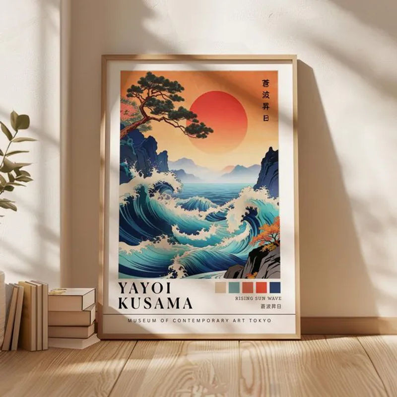 Yayoi Kusama Leinwanddruck The Great Wave mit Sonne und Ozean, mehrfarbige moderne Wandkunst im Hochformat, rahmenlos - Bild 1