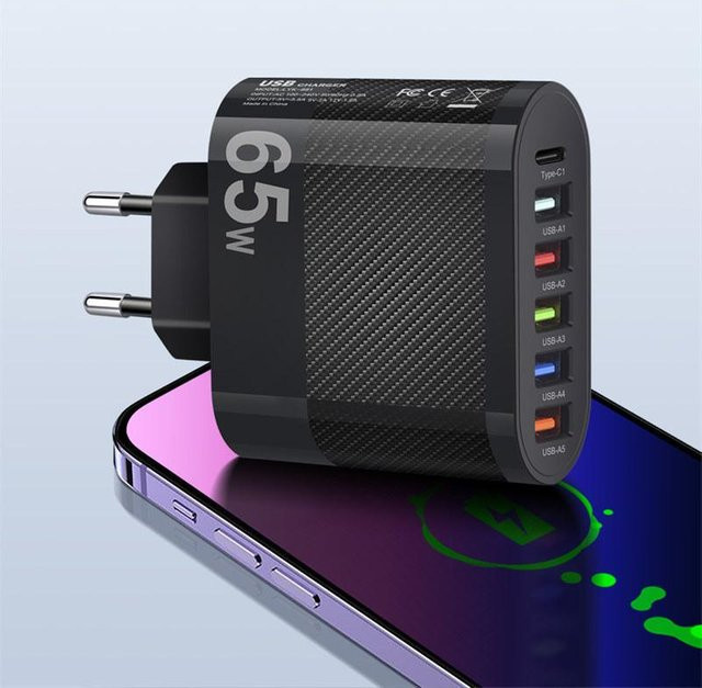 QLY Online USB-Ladegerät mit 5 Ports und PD-Schnellladefunktion, QC 3.0 Wandladegerät für iPhone, Samsung und Xiaomi, Schwarz - Bild 1