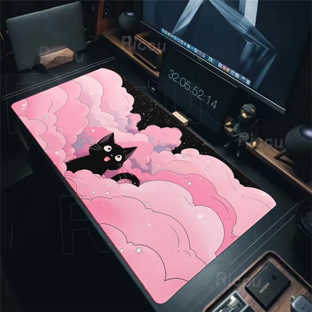 Riccu Mauspad Kawaii Katze Design in Pastell Wolken Optik, rutschfeste Schreibtischunterlage aus Naturkautschuk für E-Sport und Gaming - Bild 1