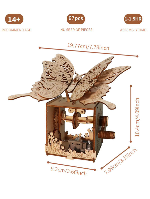 Handgefertigtes 3D-Holzpuzzle von Music Park als Schmetterling-Spieluhr mit You Are My Sunshine Motiv in Beige - Bild 2