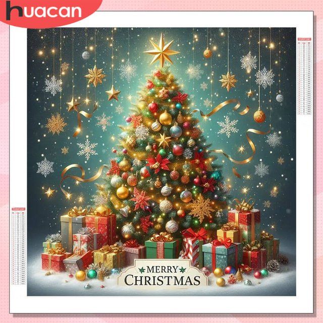 HUACAN 5D Diamantmalerei Weihnachten Baum als rundes Diamant Mosaik in Multicolor - Bild 1