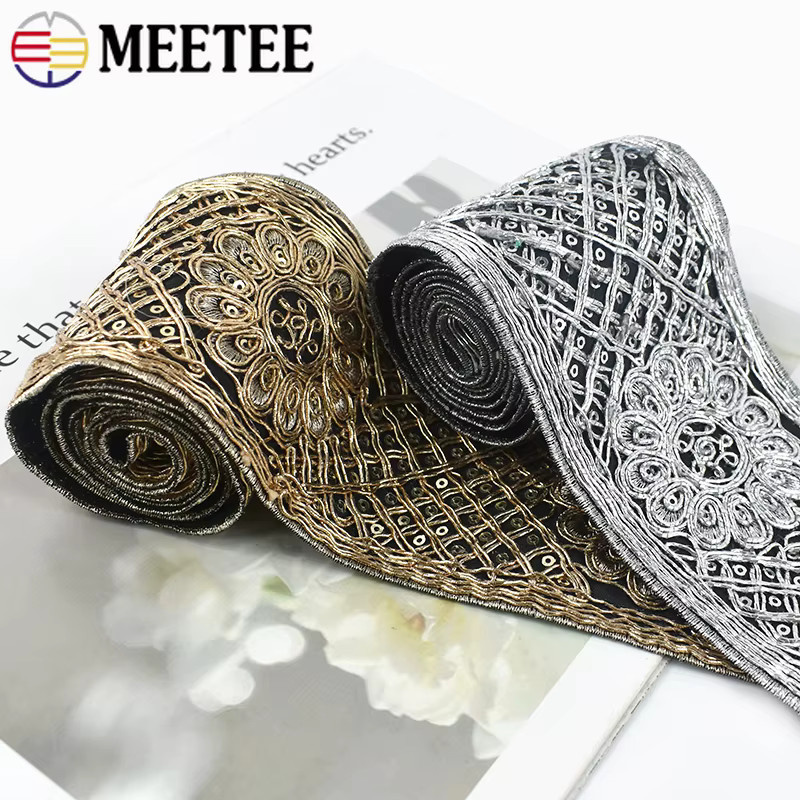 Meetee Ethnische Pailletten Spitzenbänder für Kleidung und DIY-Projekte, Breite: 7,8 cm, Farben: Silber, Schwarz, Gold - Bild 2