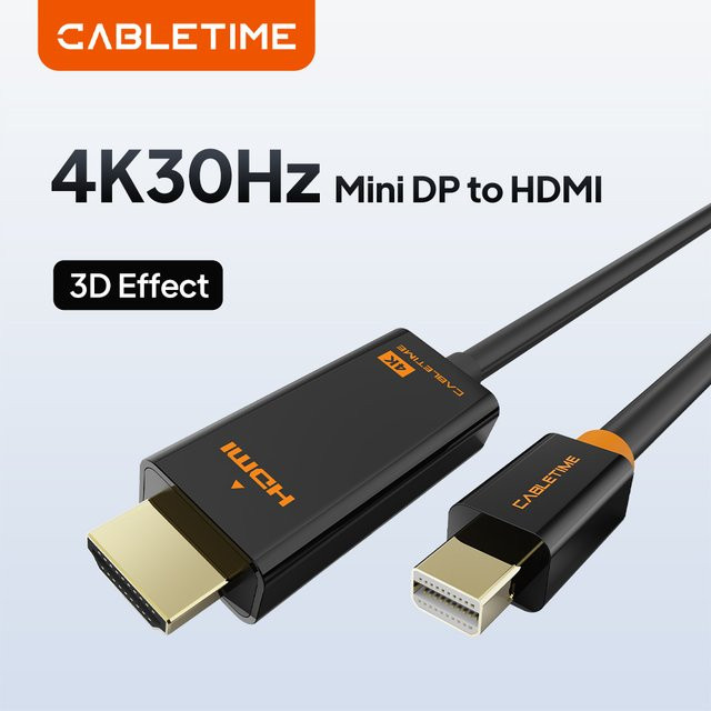CABLETIME Mini Displayport auf HDMI Thunderbolt 2 Adapterkabel für MacBook Air und Laptops in 4K UHD, erhältlich in Schwarz oder Weiß - Bild 1