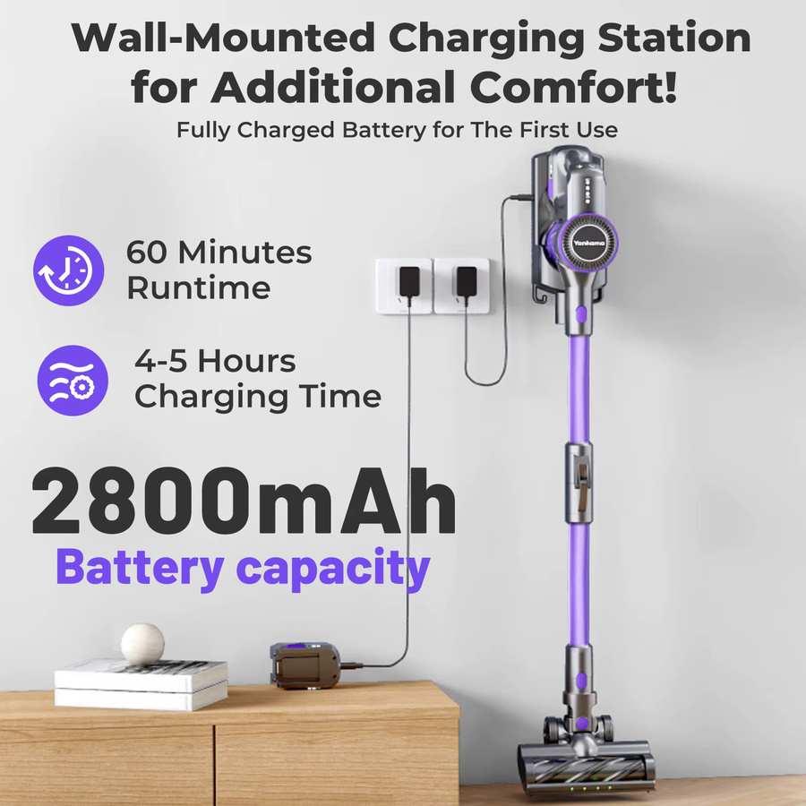 Yanhama Kabelloser Stabstaubsauger mit Ladestation, 550W Saugkraft, Schwarz, Beutellos - Bild 4