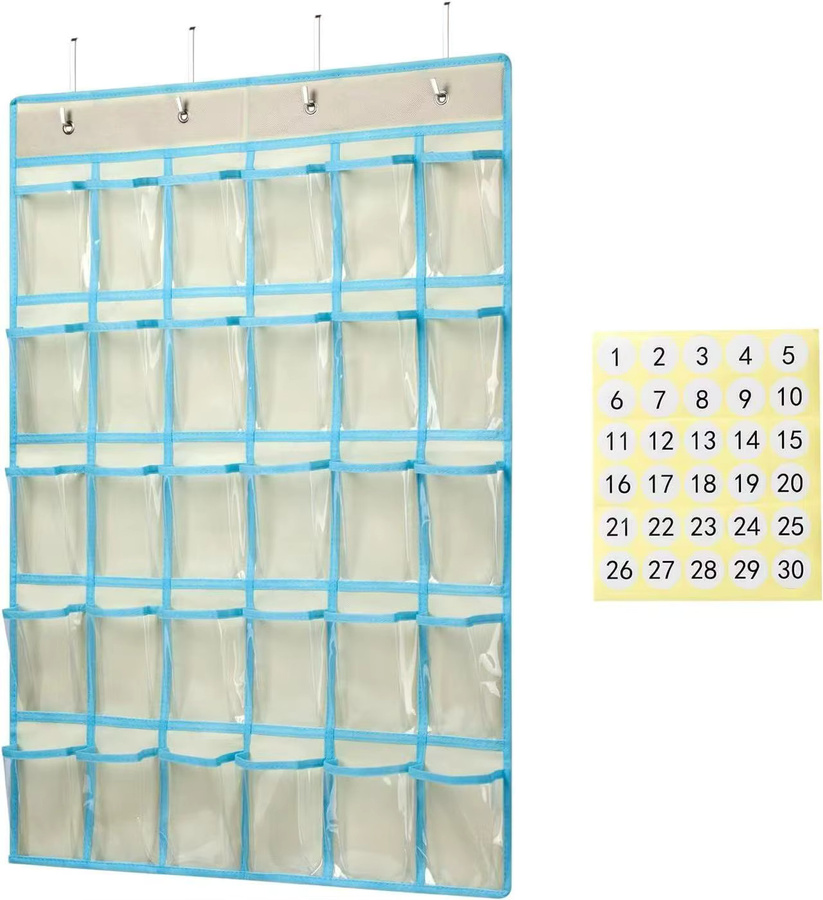 Hängender 30-Fächer-Taschen-Organizer für die Tür in Beige oder Blau zur Aufbewahrung von Schulmaterialien und Zubehör - Bild 5