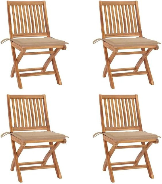 vidaXL Set aus 4 klappbaren Gartenstühlen aus Teakholz mit Kissen in Braun und Beige - Bild 1