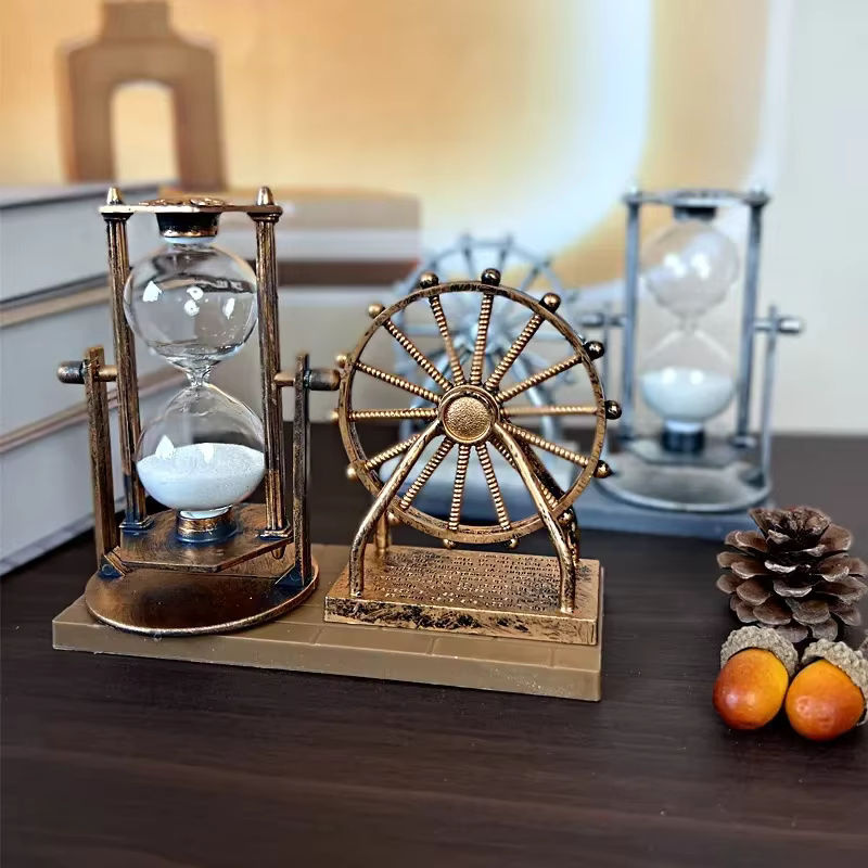 Retro Riesenrad Sanduhr aus Metall in Gold als dekoratives Kunsthandwerk und Sand-Ornament - Bild 3