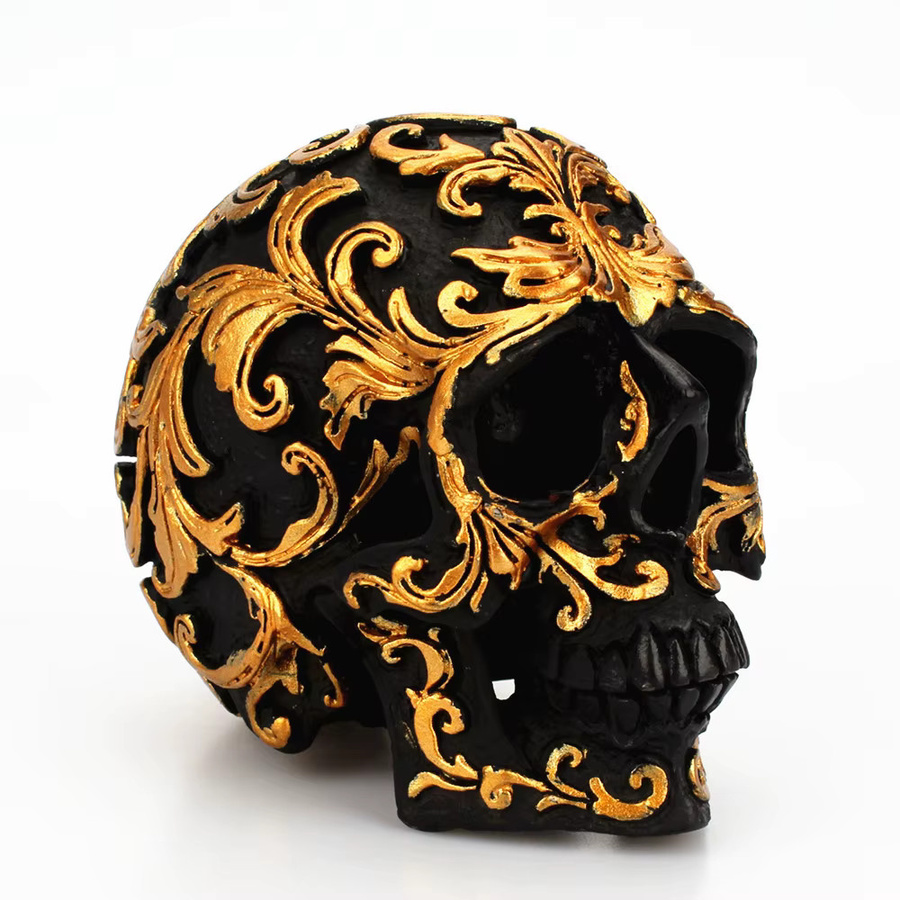MINIDEAL Schädel Skulptur aus Harz in Schwarz und Gold als Halloween Dekoration - Bild 4
