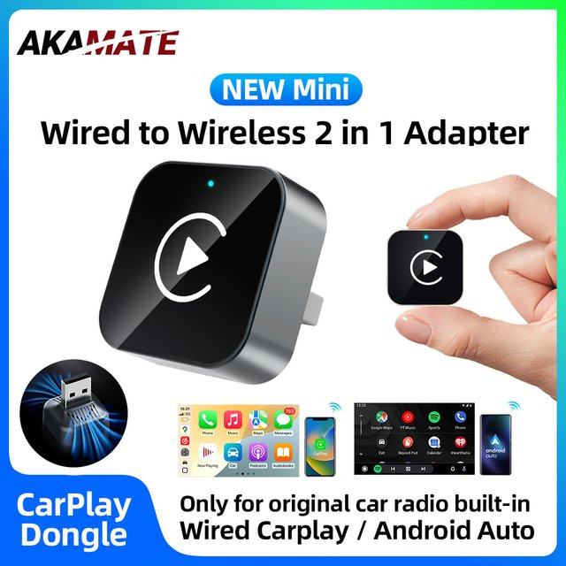 AKAMATE 2in1 Wireless CarPlay und Android Auto Adapter mit USB Typ-C, Schwarz - Bild 1