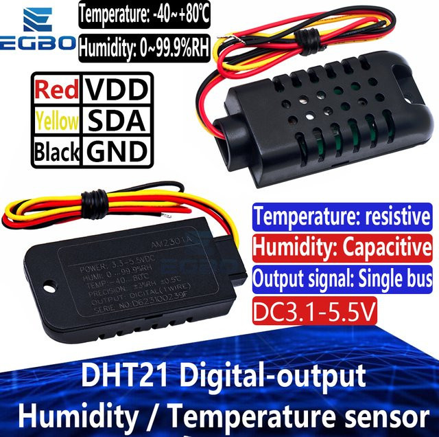 EGBO DHT21 Digitaler Sensor für relative Luftfeuchtigkeit und Temperatur, Single-Bus-Modul kompatibel mit AM2301 und AM2301A, Schwarz - Bild 1