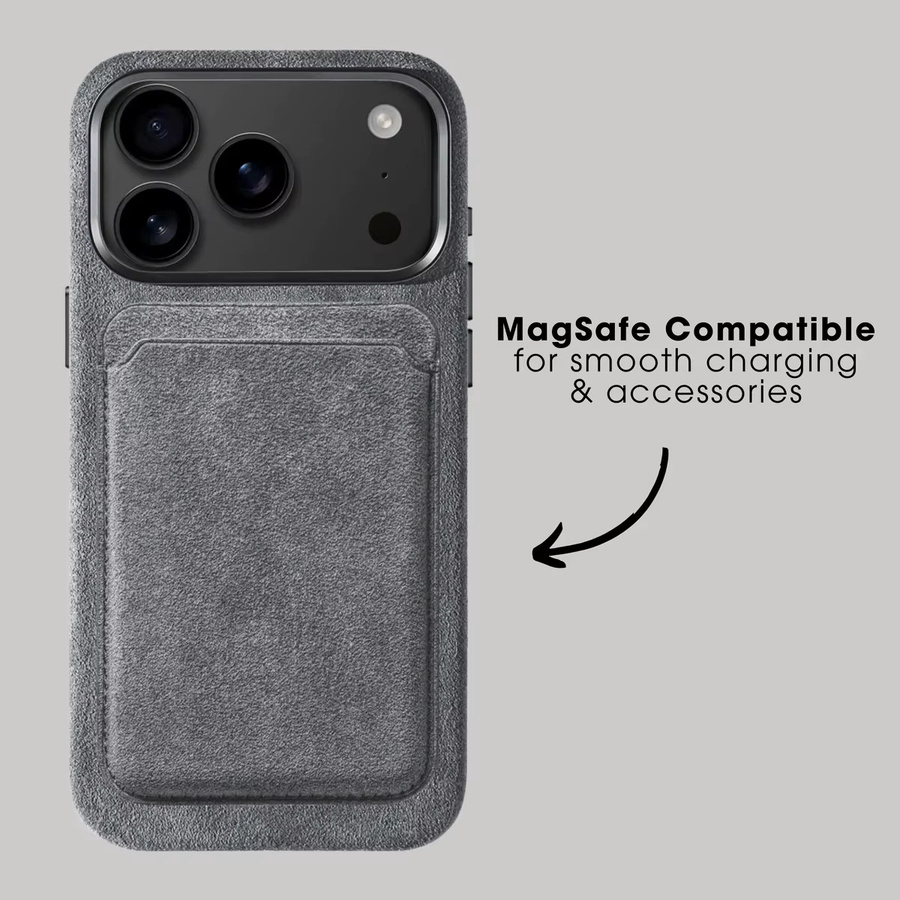 EOENKK Magnetische Alcantara Kartenhalter-Hülle für iPhone 15, 16 und 17 Pro Max in Blau mit MagSafe Leder-Brieftasche - Bild 1