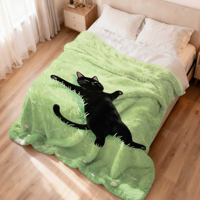 VIKAMA Überwurfdecke mit schwarzer Katze und Grasdruck, weich und warm, Farbe: Schwarz - Bild 1