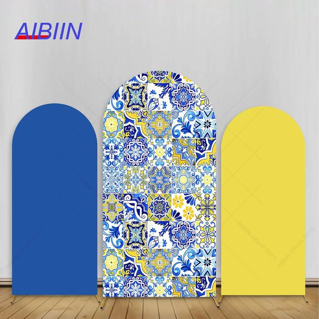 AIBIIN Hintergrundabdeckung für Bogen-Deko mit Fliesen-Design in Blau und Gelb für Hochzeit, Geburtstag oder Babyparty, B/H: 120 x 50 cm - Bild 1