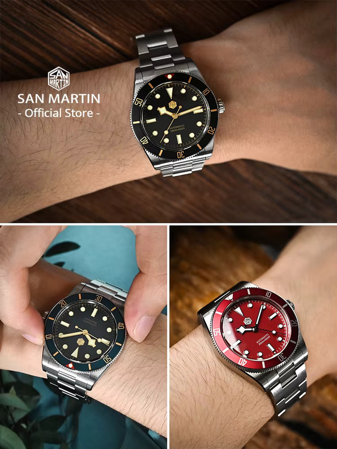 San Martin Herrenarmbanduhr, Automatik, Edelstahl, 37 mm, Schwarz, Vintage - Bild 3