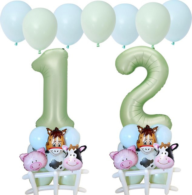 Tissy 23-teiliges Ballon-Set für Kinder mit Nutztier-Motiven und grüner Zahlen-Folie zur Geburtstagsparty-Dekoration - Bild 1