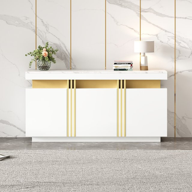 KOMHTOM Sideboard Esszimmerschrank in Weiß mit 3 Türen und verstellbaren Trennwänden - Bild 1