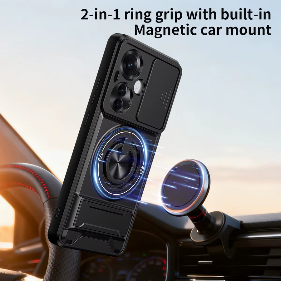 Armor stoßfeste Handyhülle für Oppo Reno11 F 5G mit verschiebbarer Kamerakappe, integriertem Magnetring und Ständer in Schwarz - Bild 6