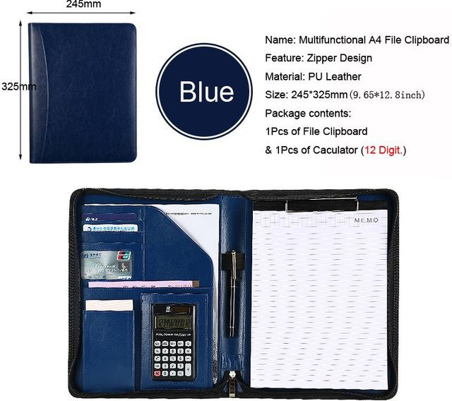 Handgefertigter A4-Aktenordner aus Leder von Yiran Furniture als Klemmmappe mit Reißverschluss und Telefonhalter in Blau - Bild 1