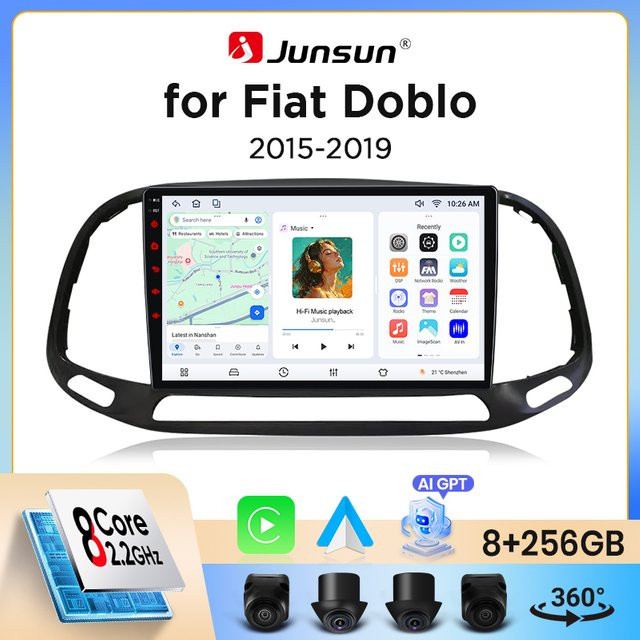Junsun Wireless CarPlay und Android Auto Autoradio für Fiat Doblo Mk2 (263 Facelift) 2015-2022 in Schwarz mit GPS, WiFi, Bluetooth und IPS-Touchscreen - Bild 1
