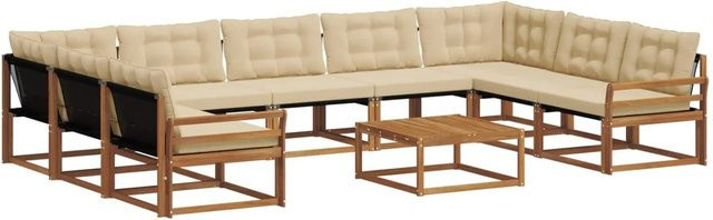 vidaXL Outdoor-Sofagarnitur aus massivem Akazienholz in U-Form, 10-teiliges Set mit Textilene-Bezug und Kissen in Natur und Beige - Bild 1