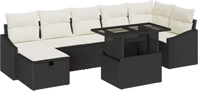 vidaXL Garten-Sofa-Set aus Polyrattan in Schwarz und Beige mit 8 Teilen, inklusive Kissen, Ottomane und Couchtisch - Bild 1