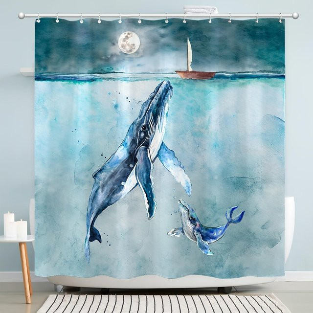 Wal Meer Duschvorhang Seaside in Blau, wasserdichter Polyester-Badevorhang mit Ozean-Motiv, B/H: 150 x 180 cm - Bild 1