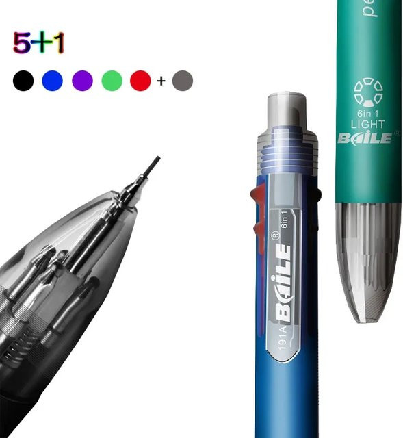 MROOFUL 6-in-1 Mehrfarbiger Kugelschreiber mit automatischem Bleistift und Radiergummi, Mehrfarbig (Grün) - Bild 1